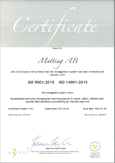 Matting AB Certifikat ISO-14001 og 9001